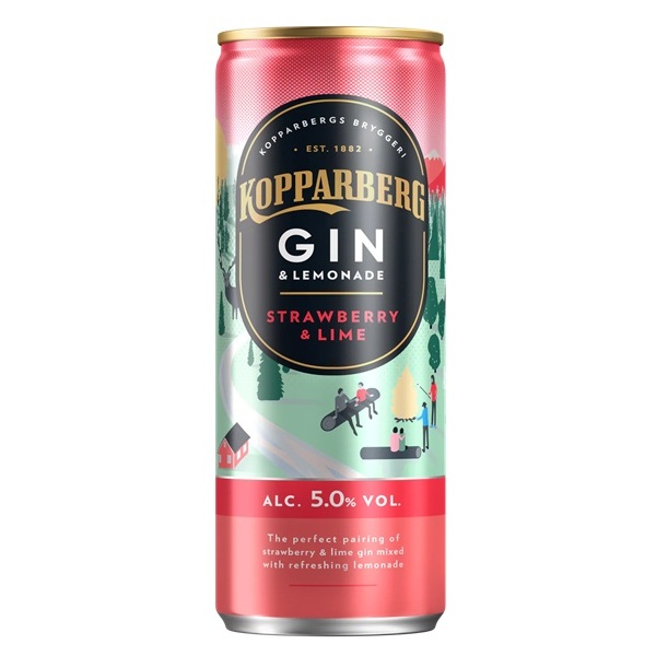 Kopparberg Strawberry and Lime Gin with Lemonade in a pink can with a black label.