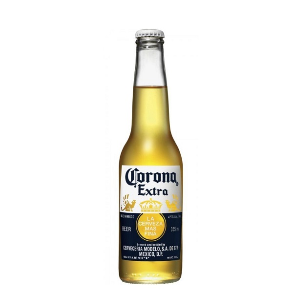 Corona Extra in a clear bottle with a blue and white label.