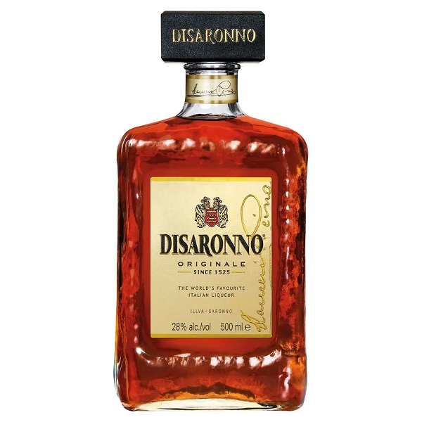 Disaronno in a square bottle with a gold label and a black top.
