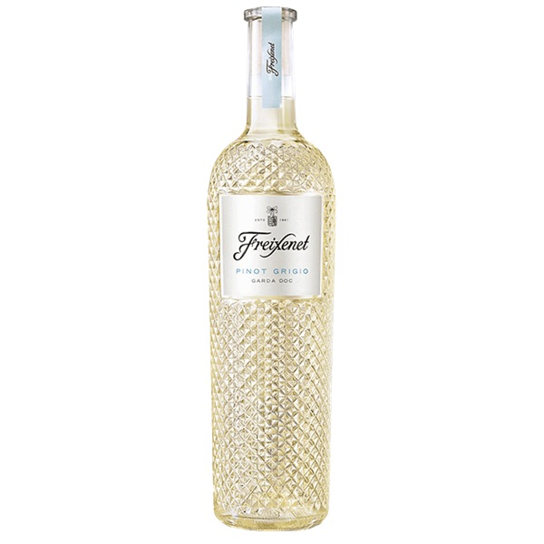 Freixenet Pinot Grigio in a clear diamond cut glass with a white label and black text.