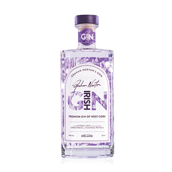 Graham Norton's own Irish Gin distilled in West Cork with a purple label.