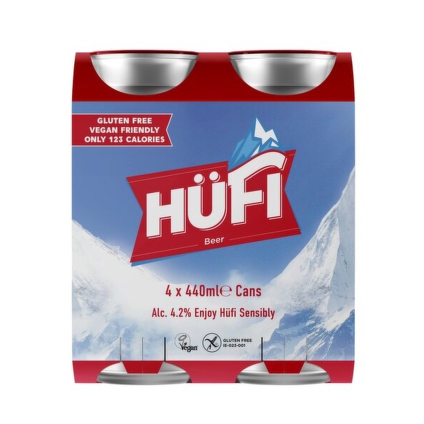 Hüfi Gluten Free Beer cans in a four pack card holder.