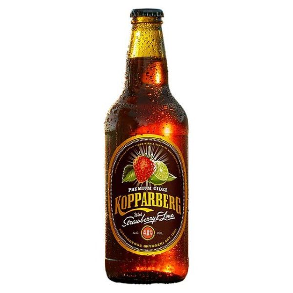 Kopparberg Strawberry and Lime Cider in a brown bottle with strawberries and lime on a black label.
