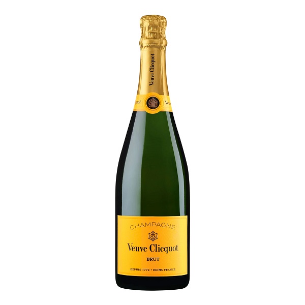Veuve Clicquot Brut Champagne in a dark bottle with a yellow label.