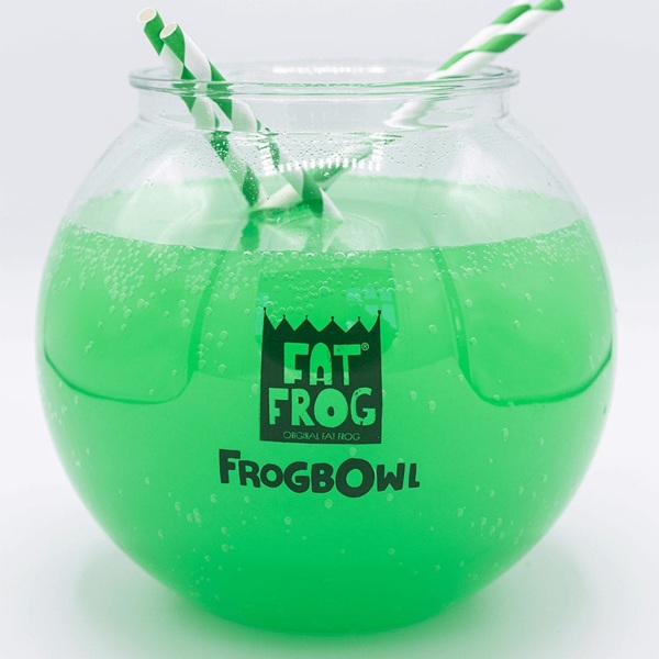 Fat Frog bowl with green liquid and straws inside.
