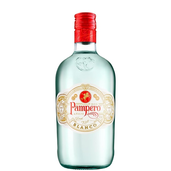 Pampero Blanco Rum in a clear bottle with a red top and a white and red label.
