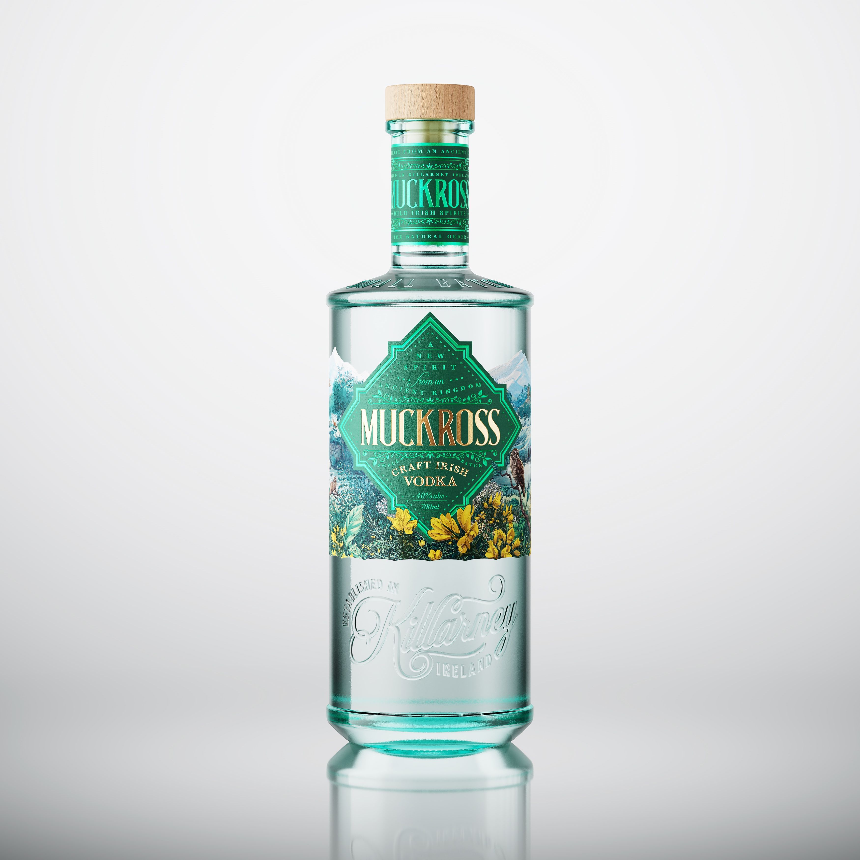 Muckross Craft Irish Vodka in a clear bottle with a green floral label.