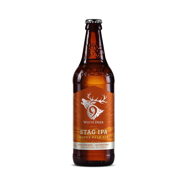 9 White Deer Stag IPA Hoppy Pale Ale Gluten free Irish craft beer in a brown bottle with stag on an orange label.