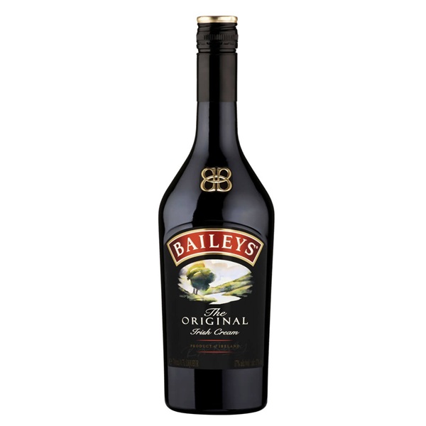Baileys Irish Cream in a dark bottle with a red and cream label.