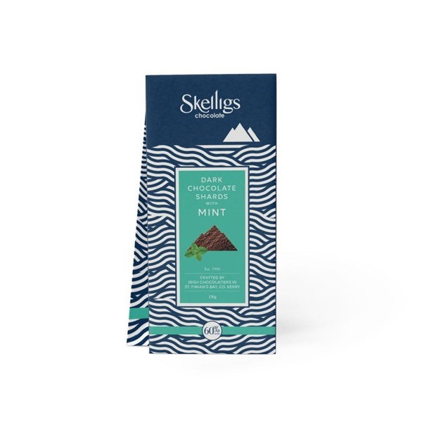 Skelligs Dark Chocolate Mint Shards in a navy and green card box.