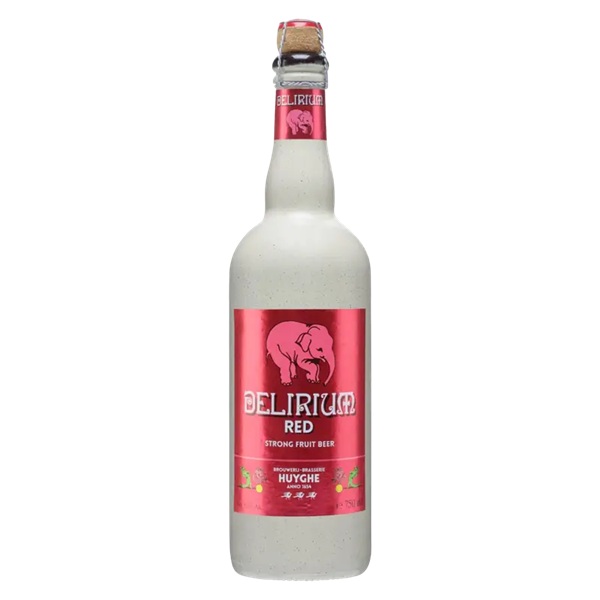 Delirium Red Strong Fruit Beer Belgian beer in a tall white bottle with a pink elephant on a red label.