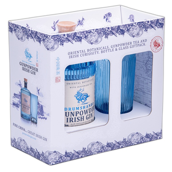 Drumshanbo Gunpowder Irish Gin Gift Set in a white box with a blue bottle of gin and a blue tall glass.