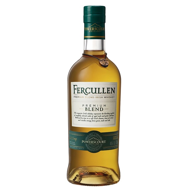 The Powerscourt Distillery Fercullen Premium Blend Irish whiskey with a golden colour and a white label.
