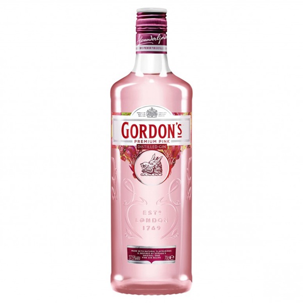 Gordons Pink Gin in a clear bottle with pink gin and a pink and white label.