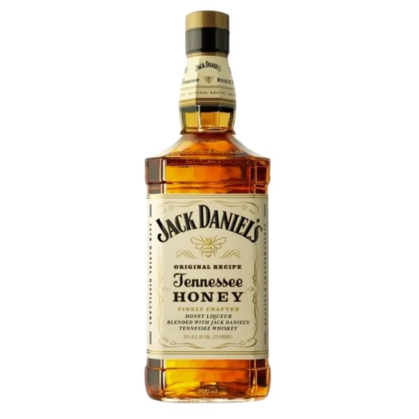 Jack Daniel's Tennesse Honey whiskey with a cream label and black text.