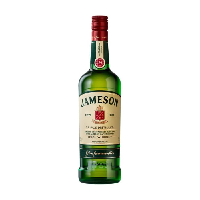 Jameson Irish Whiskey in a green bottle with a red cap and a cream label.