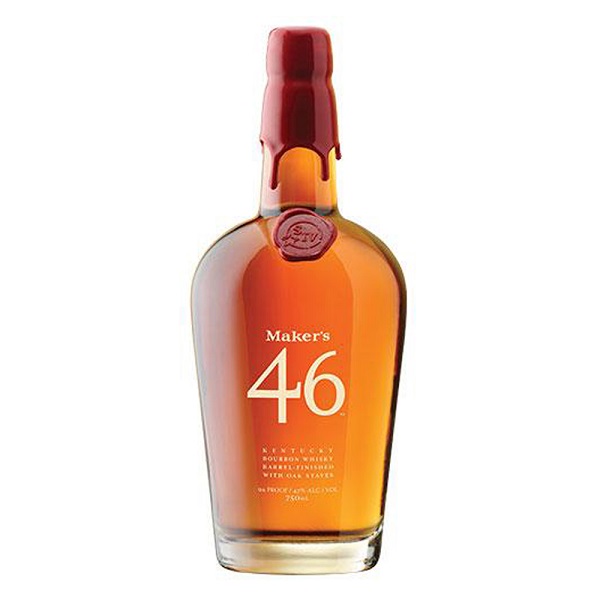 Maker's Mark 46 American bourbon whiskey in a clear bottle with golden whiskey and a red wax top.