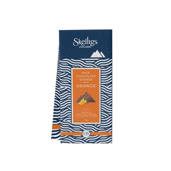 Skelligs Milk Chocolate Shards with Orange in a navy box with an orange label.