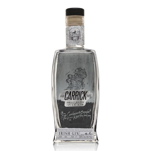 Old Carrick Mill Irish Gin in a clear bottle with a picture of the island of Ireland on the label.