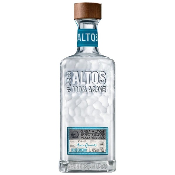 Olmeca Altos Plata Tequila in a clear square bottle with a blue label, Altos embossed on the glass and a wooden top.