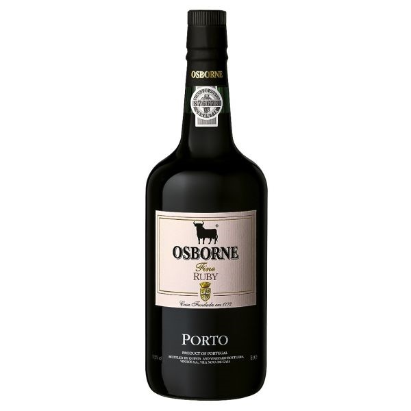 Osborne Fine Ruby Port in a black bottle with a white label.