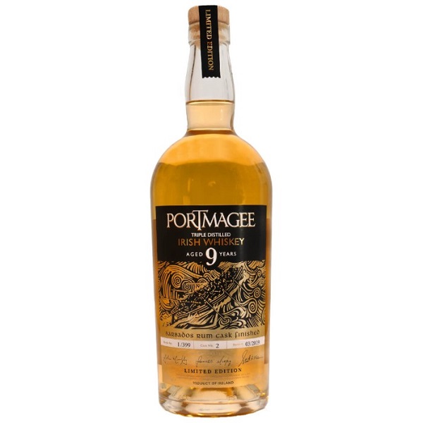 Portmagee 9 Year Old Irish Whiskey in a golden colour with a green and gold label.