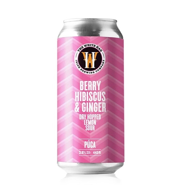 The White Hag Púca Berry Hibiscus and Ginger Sour in a pink can with white text and a black circle.