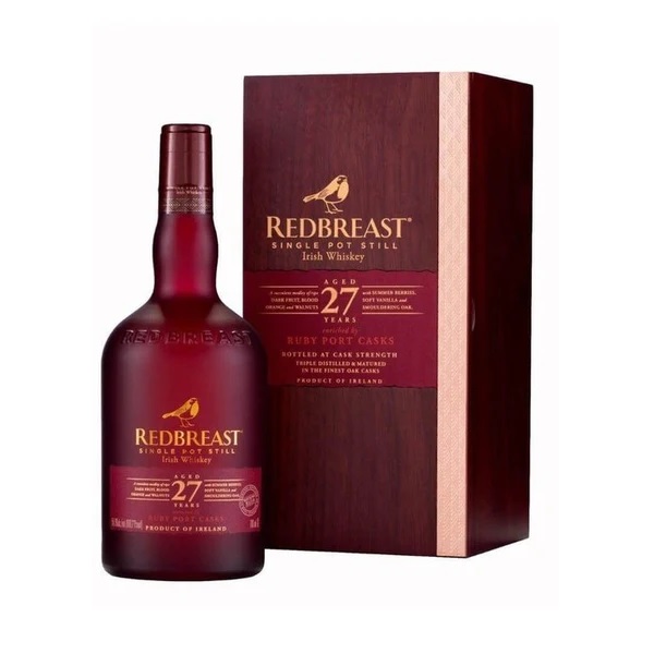 Redbreast 27 Year Old Ruby Port Cask, Batch 4 in a wine coloured bottle with a wine coloured box.