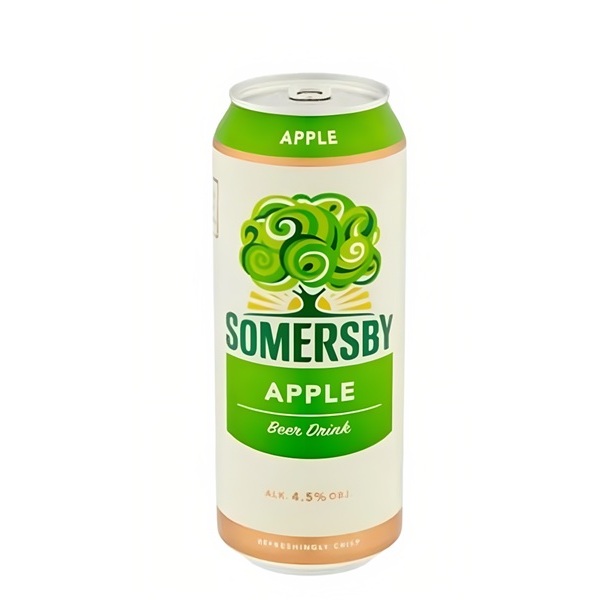 Somersby Apple Beer in a cream can with a green tree and a green label.