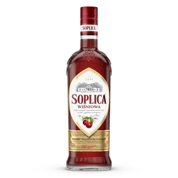 Soplica Wisniowa Cherry Polish vodka liqueur in a wine colour with a white and gold label.