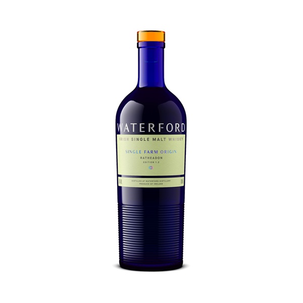 Waterford Single Farm Origin Ratheadon Edition 1.2 Single Malt Irish whiskey in a blue bottle with a cream label.