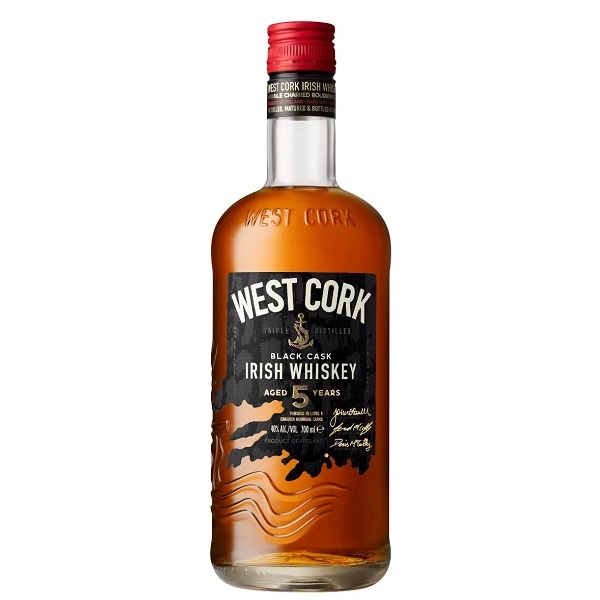 West Cork Black Cask Irish Whiskey with a deep amber colour and white text on a black label.