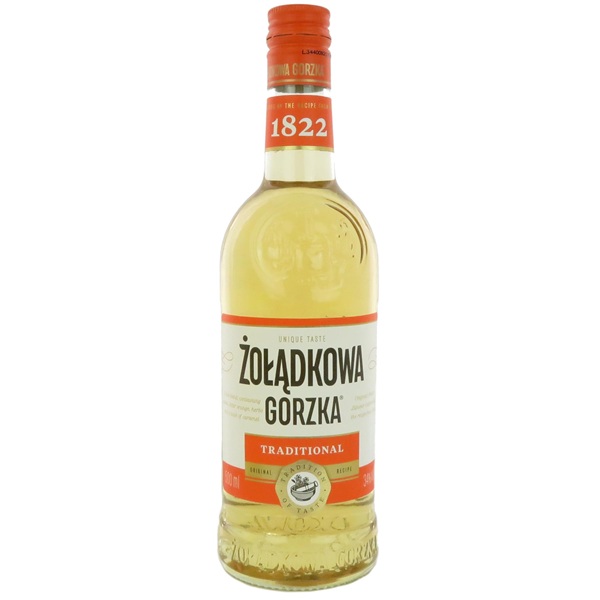 Żoladkowa Gorzka Traditional vodka with a light yellow colour and an orange and white label with black text and an orange top.