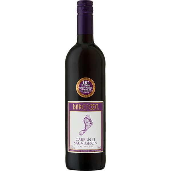 Barefoot Cabernet Sauvignon American red wine in a dark bottle with a white and purple label and an image of a footprint.