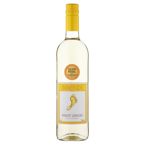 Barefoot Pinot Grigio in a clear bottle with a yellow foot on a white and yellow label and a yellow top.