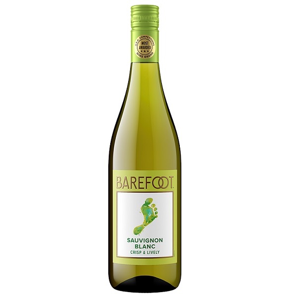 Barefoot Sauvignon Blanc in a green bottle with a green foot on a white and green label and a green top.