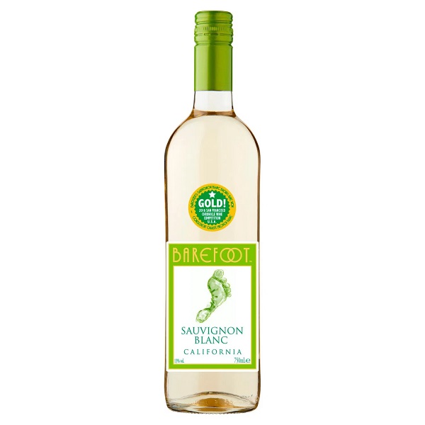 Barefoot Sauvignon Blanc in a clear bottle with a green foot on a white and green label and a green top.