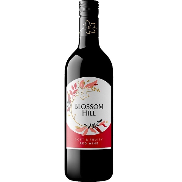 Blossom Hill Red in a dark bottle with flowers on a red and white label.