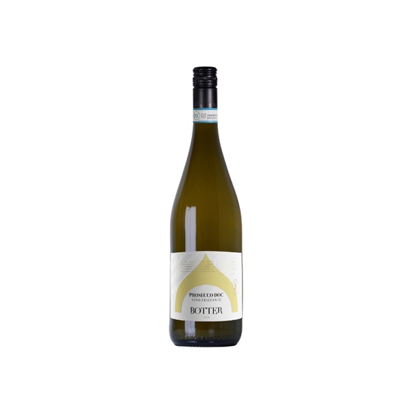 Botter Prosecco in a dark bottle with a white and yellow label.