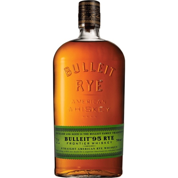 Bulleit 95 Rye with an amber colour whiskey and a green label.