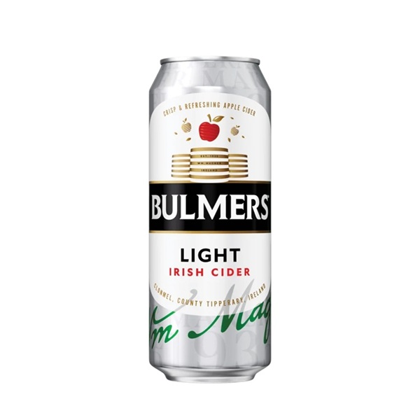 Bulmers Light Irish Cider in a silver can with a black strip.
