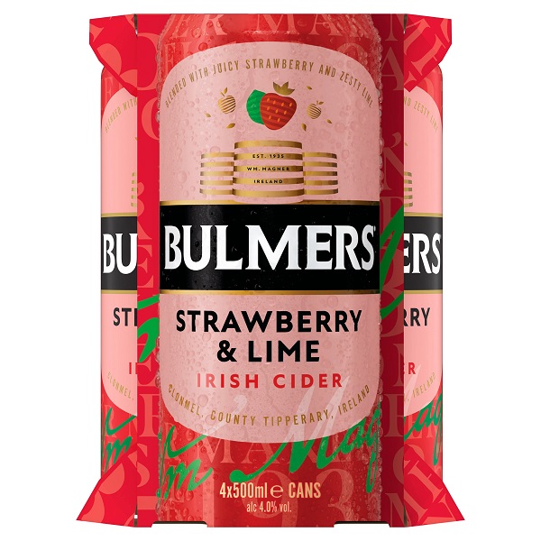 Bulmers Strawberry and Lime Cider in a red and pink can with black text.
