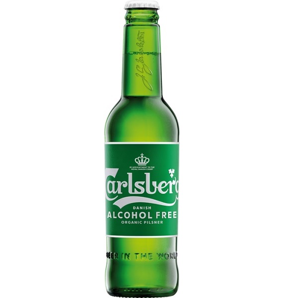 Carlsberg 0.0% Alcohol Free Pilsner in a green bottle with a green label.