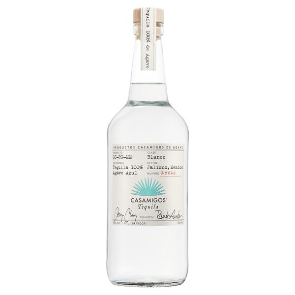 Casamigos Tequila Blanco in a clear bottle with a white label.