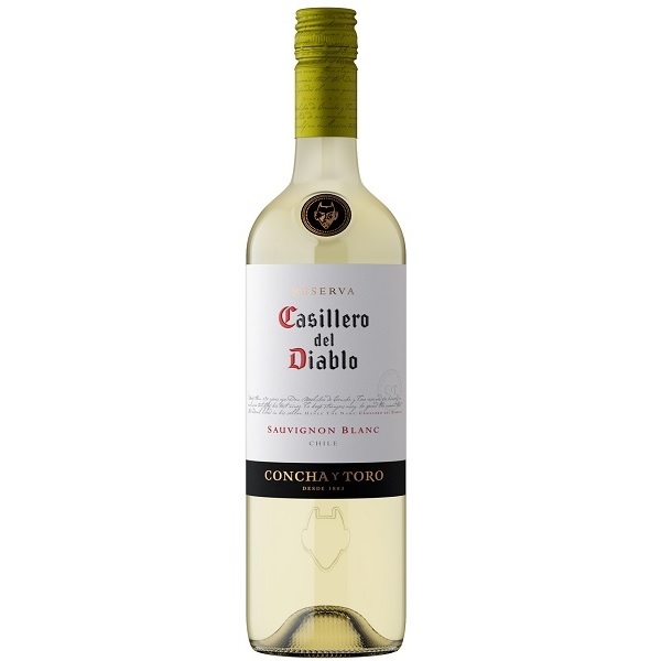 Casillero del Diablo Sauvignon Blanc in a clear bottle with a white label and a black strip.