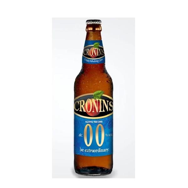 Cronins 00 Alcohol-Free Cider in a brown bottle with a blue label.