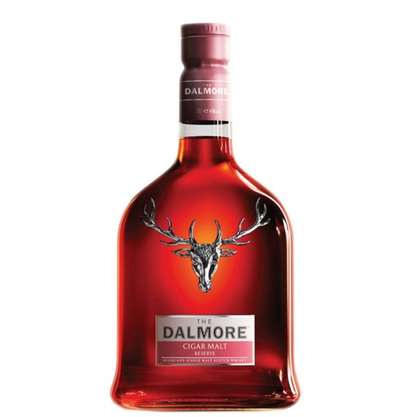 The Dalmore Cigar Malt Reserve Scotch whisky in an amber bottle with a stag head on the bottle.