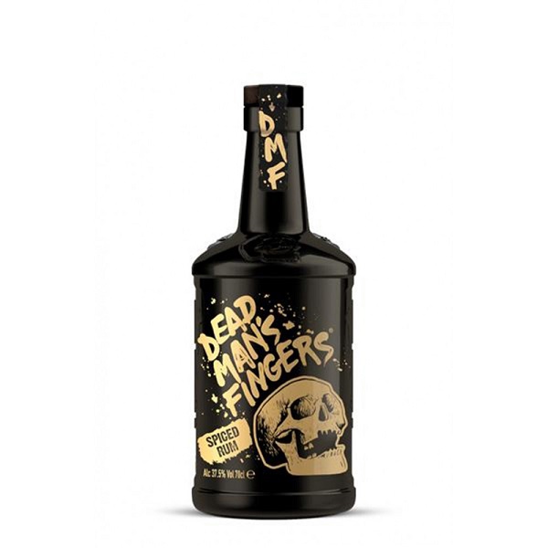 Dead Man's Fingers Spiced Rum in a black bottle with gold writing and an image of a skull.