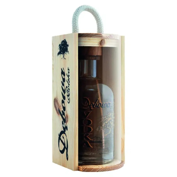 Debowa Polska Oak Vodka in a wooden box with a clear front and a rope handle.