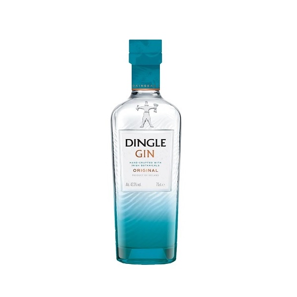 Dingle Distillery Gin in a clear and blue bottle with a blue top and a white label.